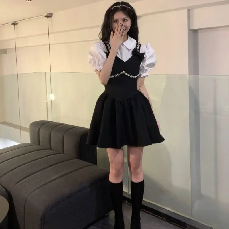Summer New Preppy Bubble Sleeve Shirt + Heavy Industry Brick Bow Halter Skirt A-line Dress Set Women
Summer New Preppy Bubble Sleeve Shirt + Heavy Industry Brick Bow Halter Skirt A-line Dress Set Women