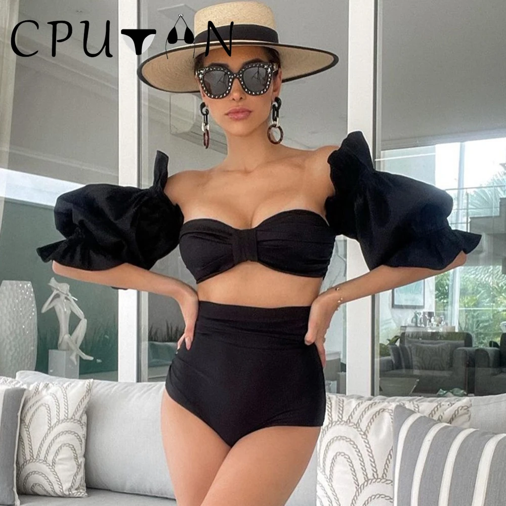

CPUTAN 2023 сексуальный 3D Цветочный комплект из двух частей с высокой талией, бикини, женский купальник с винтажным принтом, купальник с пышными рукавами, пляжный купальный костюм