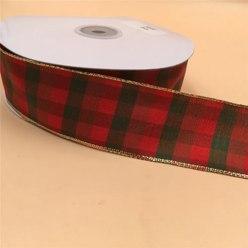 

38MM 25 Yards Wired Edge Red Green Scottish Checked Plaid Ribbon for Christmas Bow Decoration N1010