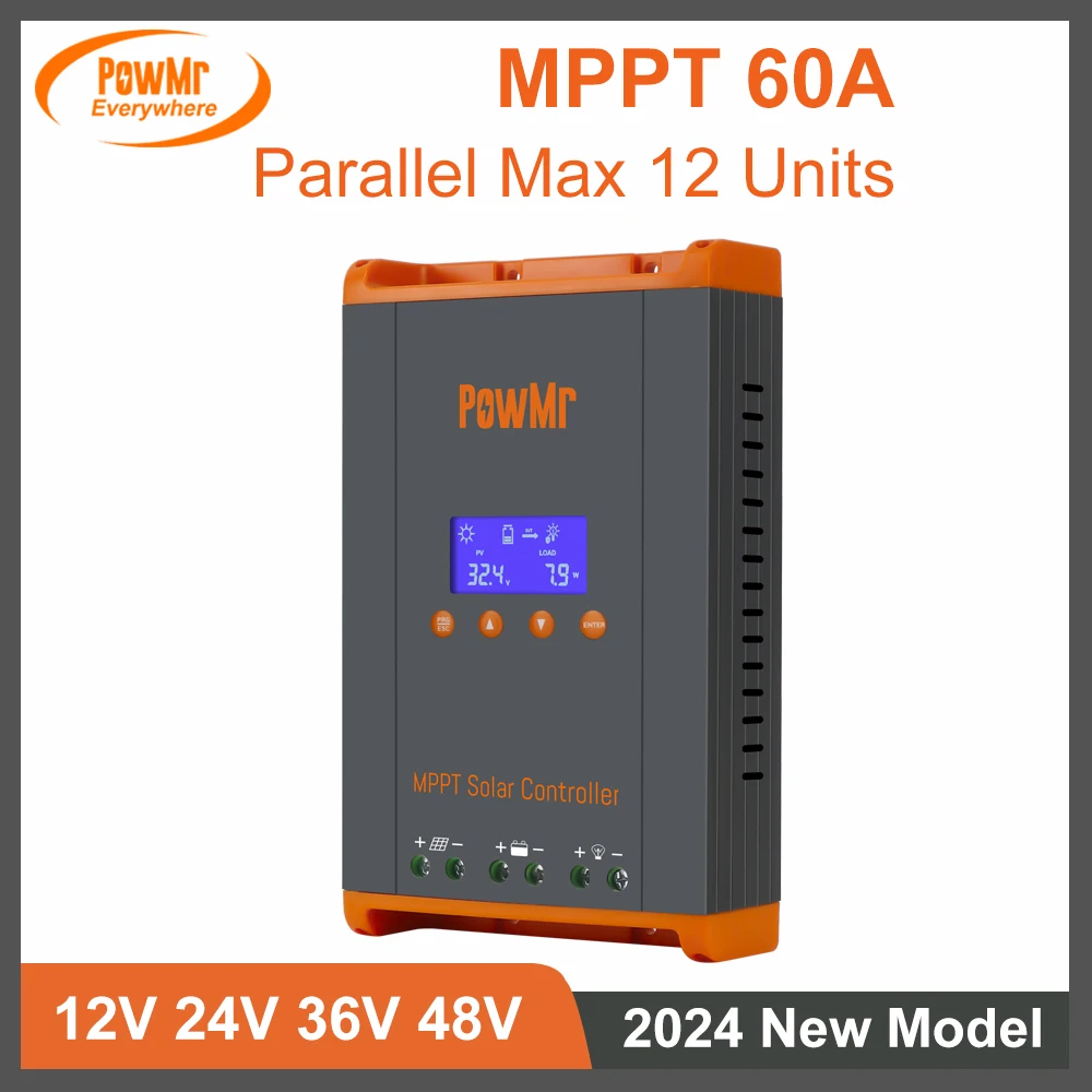 

PowMr 2024 New 60A MPPT LCD Solar Charge Controller Max Solar Panel PV 160V 12V/24V/36V/48V Auto Parallel Up to Until 12 Units