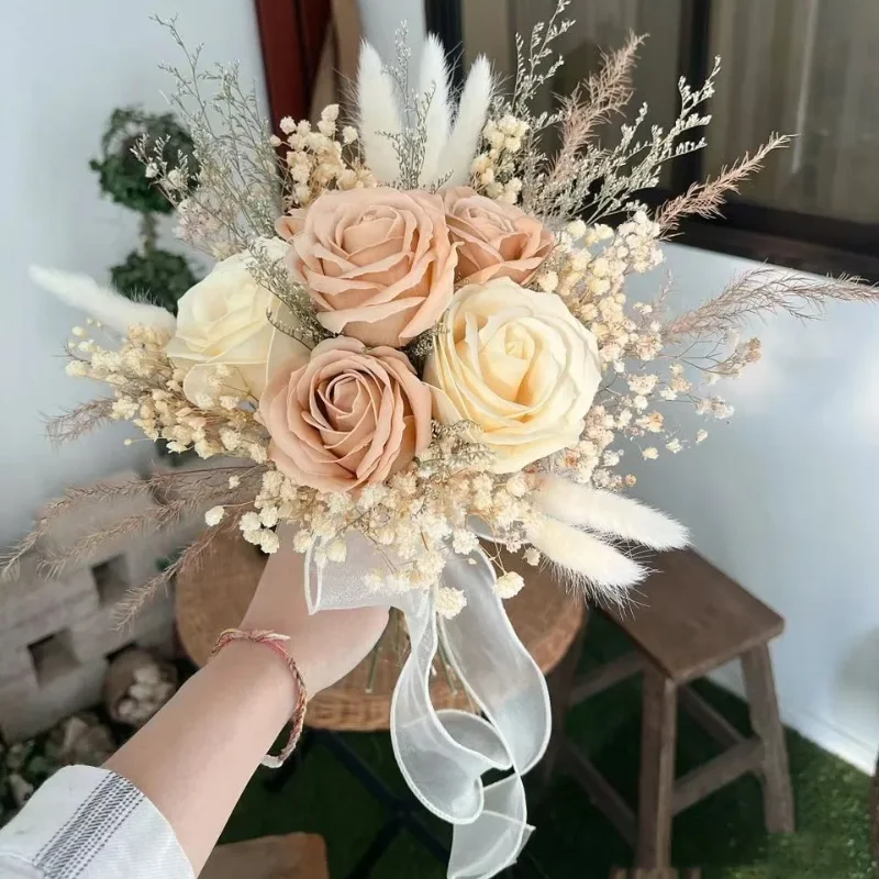 

Bridal Bridesmaid Wedding Flower Bouquet Artificial Rose Flower Natural Dried Pampas Grass Flowers Wedding Centerpieces Decor