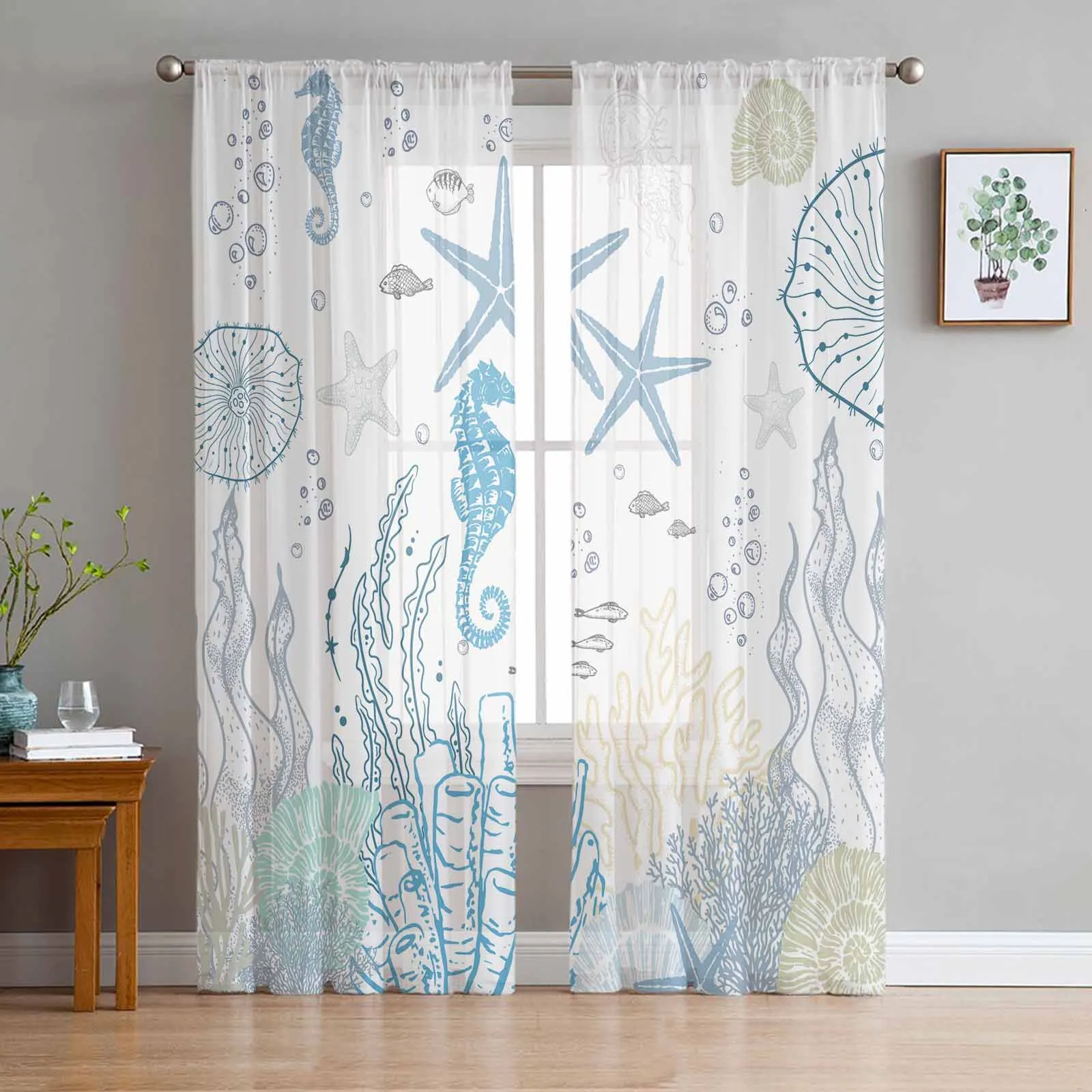 

Ocean Coral Starfish Shell Tulle Curtains for Living Room Bedroom Modern Chiffon Sheer Voile Kitchen Window Curtain