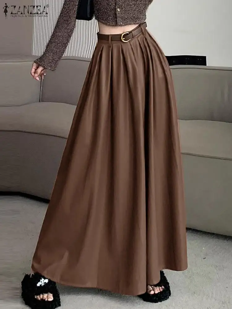 

ZANZEA Vintage PU Elastic High Waist Jupe Women Leather Long Skirt Casual Pleated Umbrella Maxi Skirts 2024 Fashion Loose Faldas