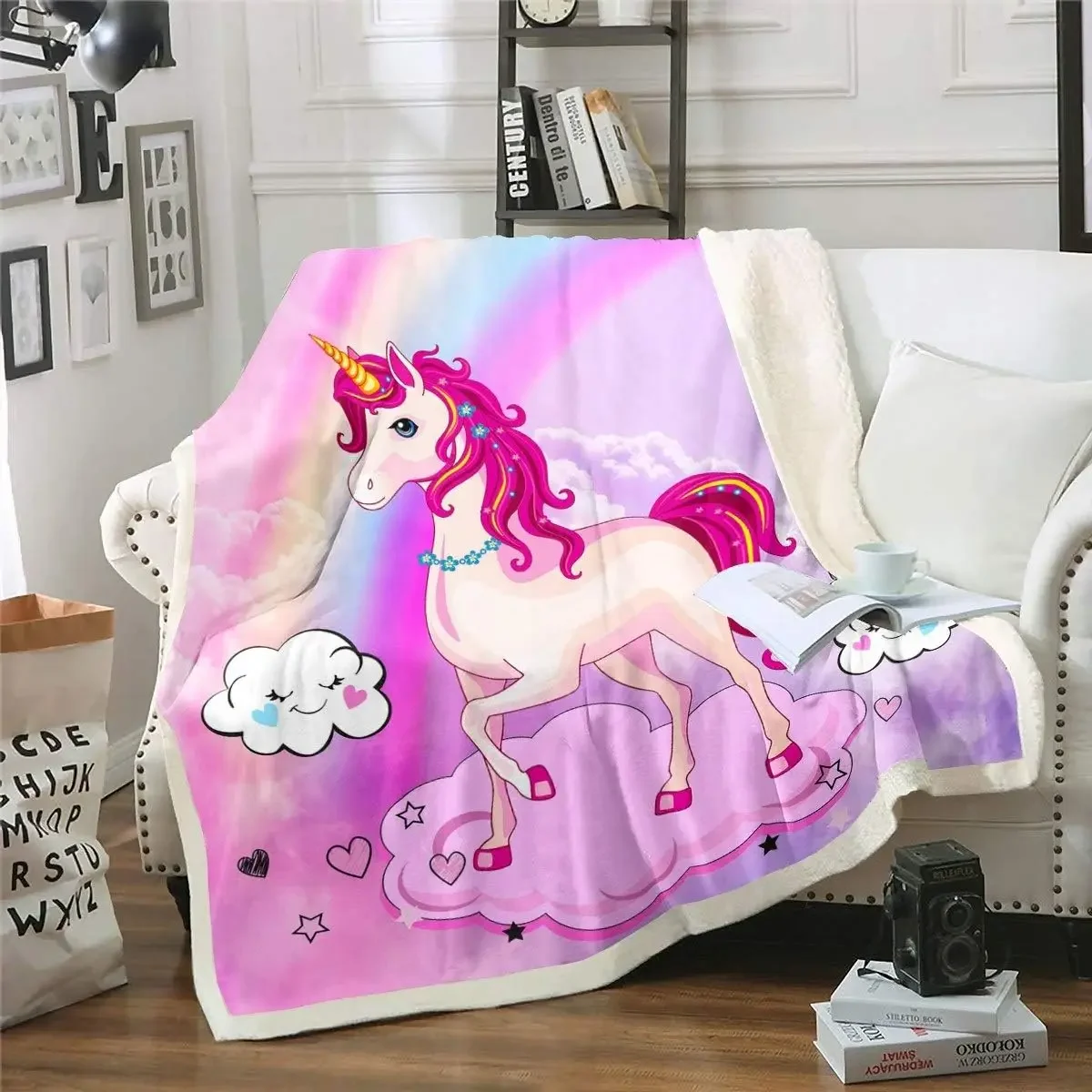 

Unicorn Plush Blanket Cute Pink Dreamy Horse Printed Fleece Blanket Cartoon Magical Animal Sherpa Throw Blanket for Bed Sofa