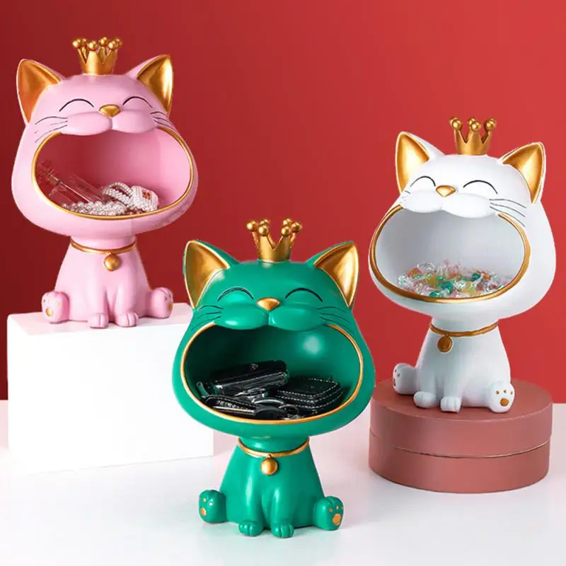 

Fortune Cat Key Holder Figurine Entrance Crafts Resin Storage Box Decor Candy Sundries Household Supplies for Study Coffee Shop