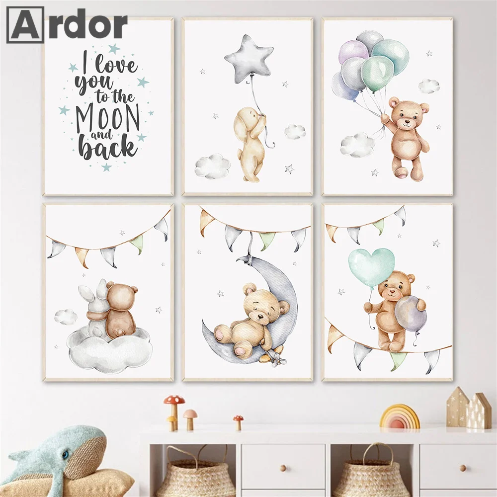 

Милые детские Животные медведь луна звезды фотообои на холсте простой художественный принт Настенная картина декор для детской комнаты матери
