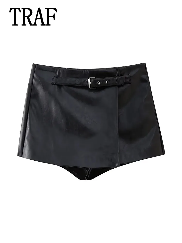 

TRAF Women Belt Pleated Shorts 2024 Faux Leather Skort Women Black Mid Rise Wrap Skirt Shorts Woman Office Women's Shorts