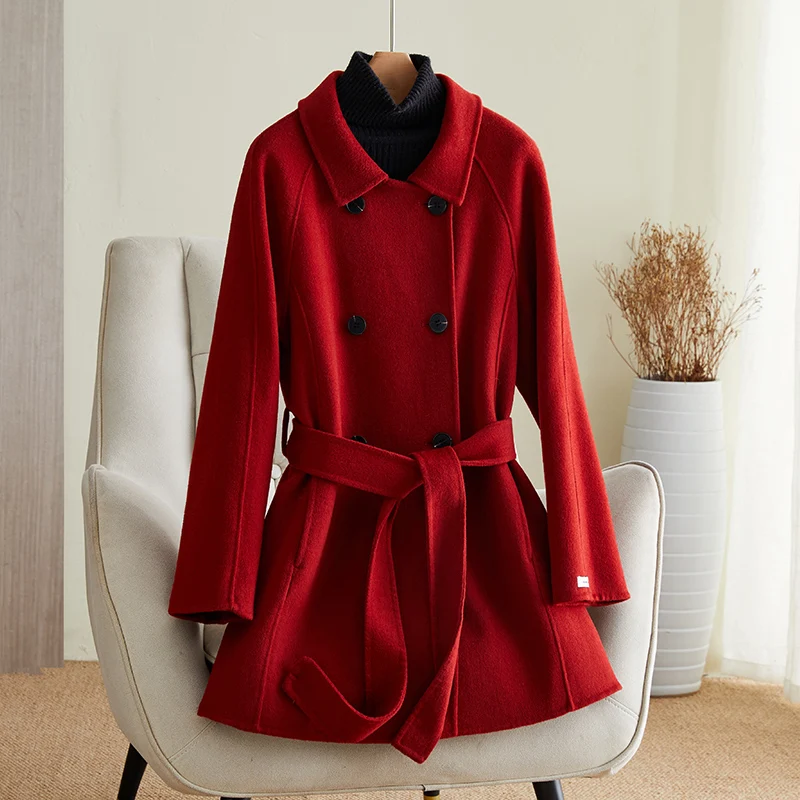 

Red double-sided zero cashmere coat, women's short belt, Hepburn style woolen coat, 2023 autumn/winter new small stature