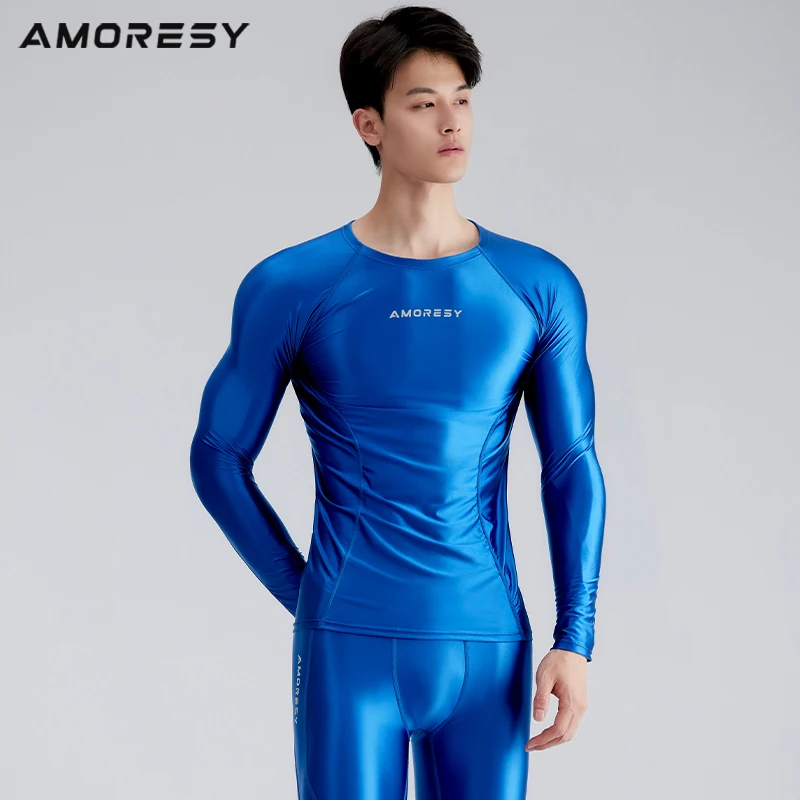 

AMORESY Hyperion Series Round Neck Tight Long Sleeve T-Shirt Men's Glossy Compression Sports Fitness Running Spandex