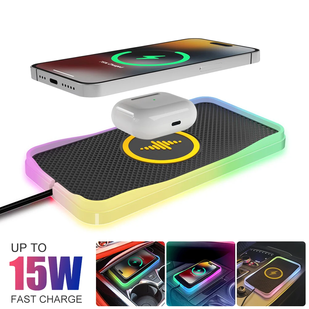 15W Car Wireless Charger Pad Silicone Non-slip Fast Charging Mat Stand With LED Atmosphere Light For IPhone 15 14 13 12
15W Car Wireless Charger Pad Silicone Non-slip Fast Charging Mat Stand With LED Atmosphere Light For IPhone 15 14 13 12