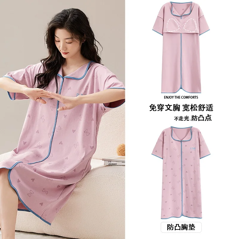 

Sleepwear Pijamas Sleepdress Cotton Nightgown with Chest Bra Women Nightdress Short Sleeve Cartoon Loungewear Sweet Casual