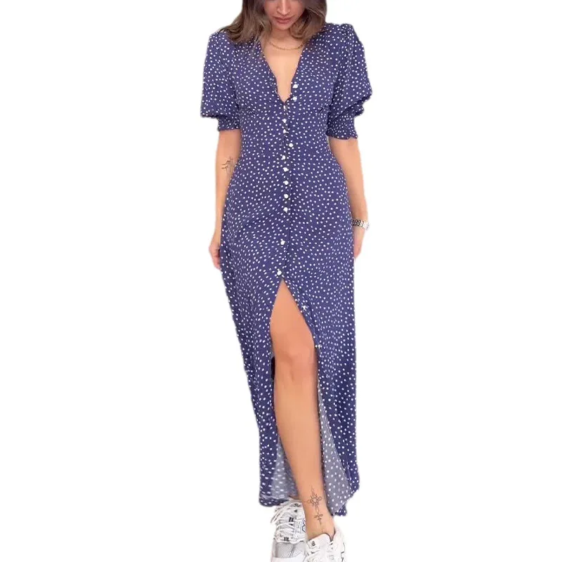 

Summer New French Bubble Sleeve Polka Dot V-neck Sexy High Waisted Split Dress