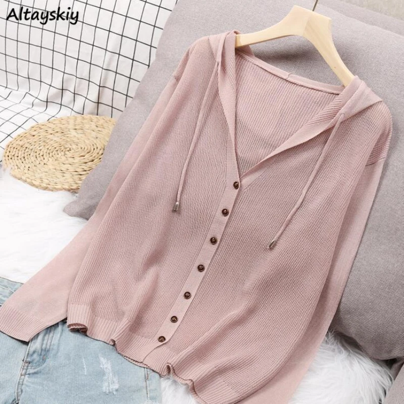 

Cardigans Women Hooded Solid Long Sleeve Simple Knitting Korean Style Loose Spring Summer Sun-protected Coats Casual Ins Stylish