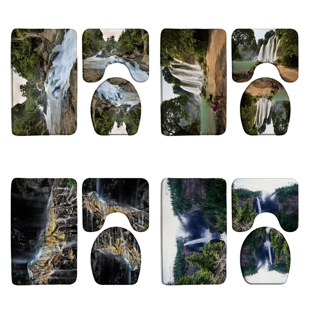 

Rainforest Waterfall Tree Bath Mat Sets Jungle Natural Scenery Countryside Bathroom Rug Doormat Toilet Lid Cover Flannel Carpet