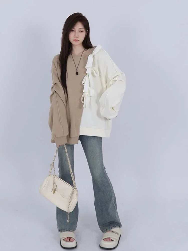 

Pullovers Woman Clothing Splicing Women's Sweatshirt Long Khaki Top Loose Baggy Round Neck Autumn and Winter Essential Warm Xxl