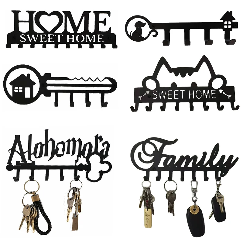 

Punch Free Key Holder Wall Mounted Key Hooks for Wall Decorative Black Metal Key Organizer Rack Hanger for Entryway, Front Door