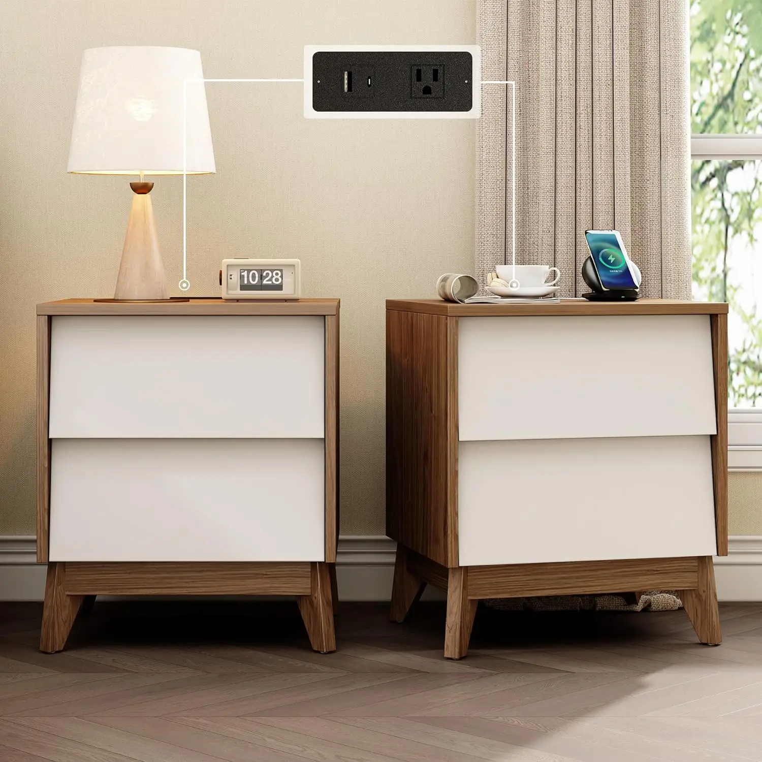 Nightstands Set of 2, Night Stand with Drawers, Side Tables with Type-C Charging Station & 2 Sleek Angled Drawers for Bedroom
Nightstands Set of 2, Night Stand with Drawers, Side Tables with Type-C Charging Station & 2 Sleek Angled Drawers for Bedroom