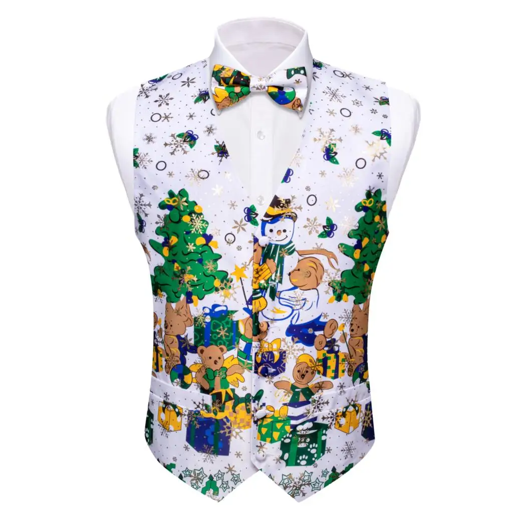 

Christmas Mens Vest Silk White Green Blue Snowman Jingling Bells Santa Claus Elk Trees Waistcoat Tie Bowtie Set Party Barry Wang