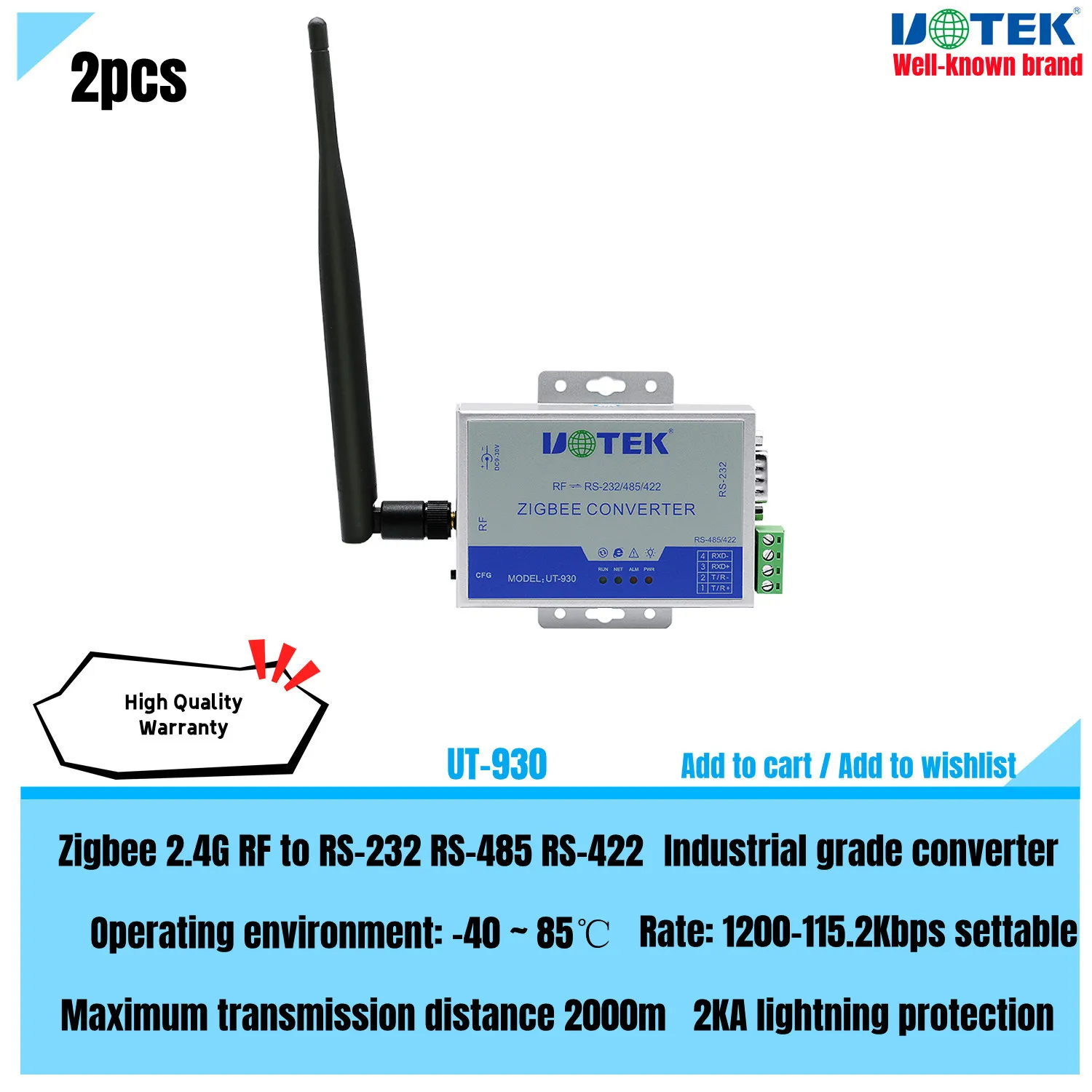 UOTEK Industrial Zigbee 2,4G радиочастотный фотомагнитный конвертер передачи данных беспроводной RS232 RS485 RS422 адаптер
UOTEK Industrial Zigbee 2,4G радиочастотный фотомагнитный конвертер передачи данных беспроводной RS232 RS485 RS422 адаптер