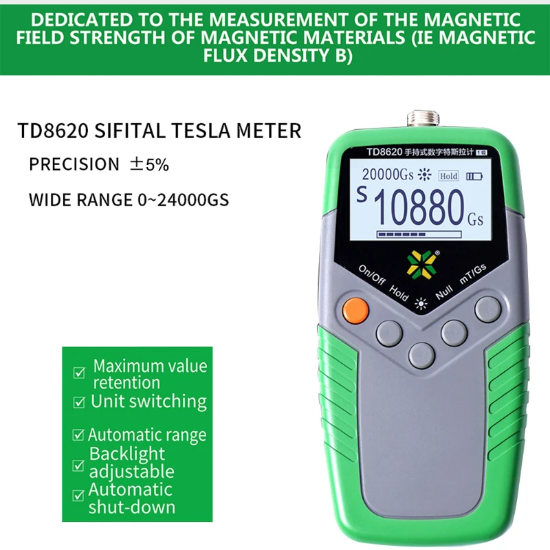 

Permanent Magnet Gauss Meter Handheld Digital Tesla Meter Magnetic Flux Meter Surface Magnetic Field Test 5% Accuracy TD8620
