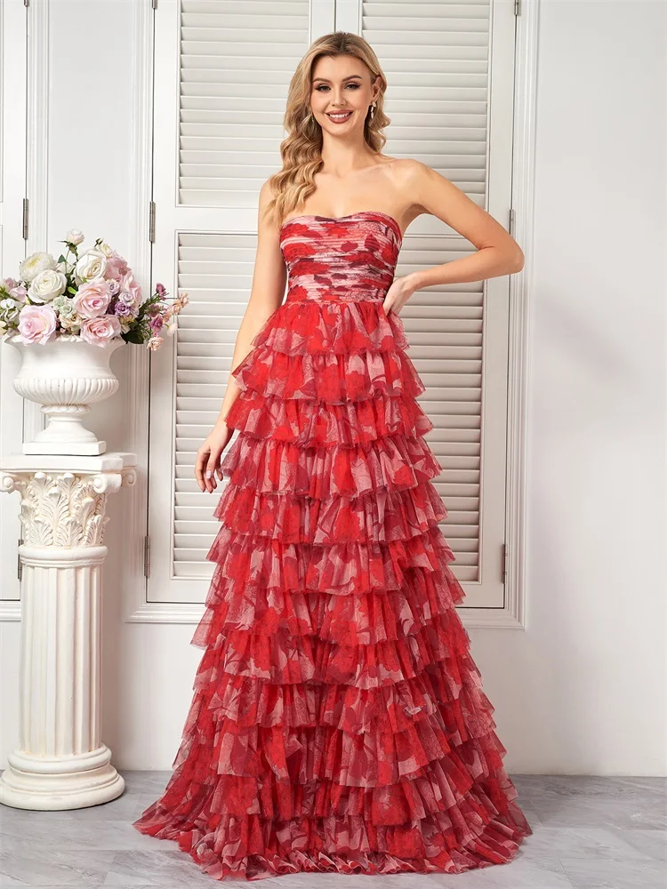 

Lucyinlove Haute couture Evening Dress Prom 2024 Red Chiffon Strapless Luxury Tassel Long Gowns Mermaid Bridesmaid Party Dress