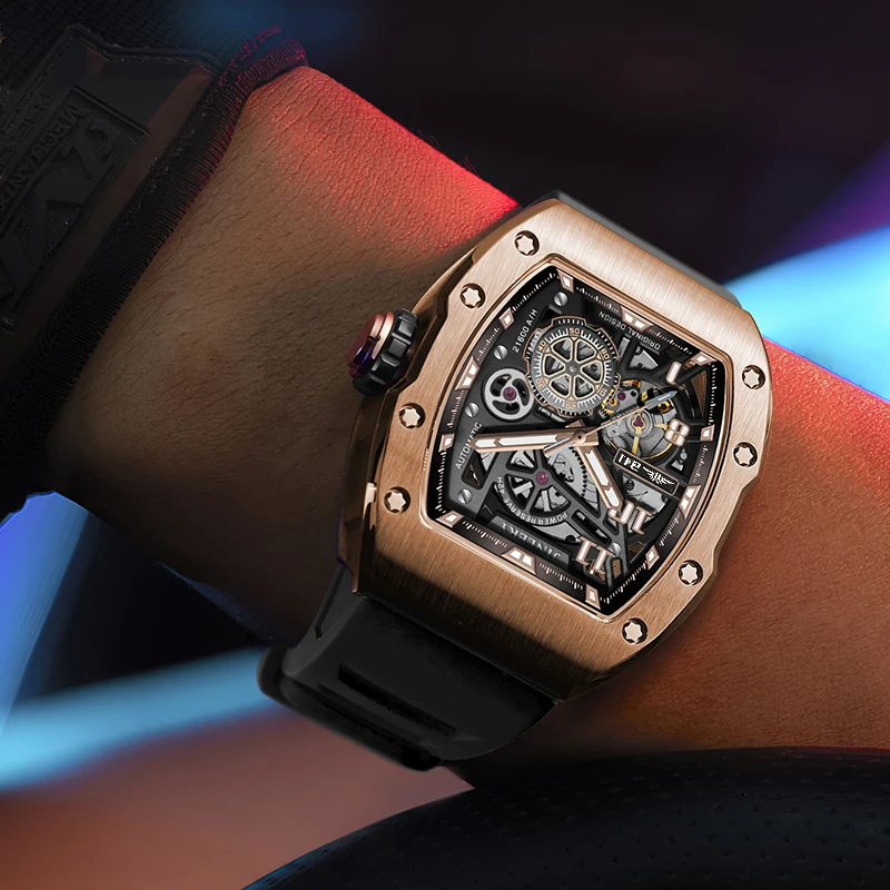 

JINLERY Automatic Men Watch Skeleton Mechanical Self Wind Watches Luxury Brand Sapphire Glass Wristwatch Men Relogio Masculino