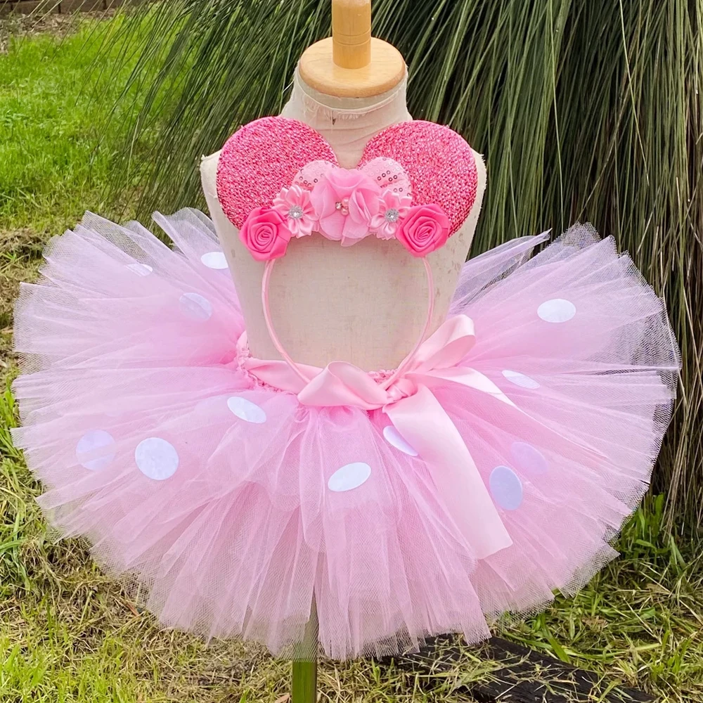 

Pink Minnie Tutu Skirts Outfit for Baby Girls 100% Handmade Tulle Underskirt with White Dots Hairbow Kids Birthday Party Costume