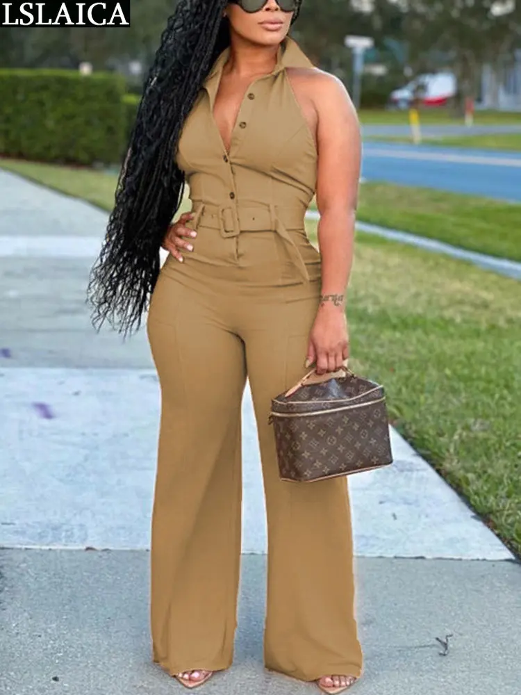 Women's Summer Jumpsuit Sleeveless Solid Turn-down Collar Bodysuit Women Backless with Belt Full Length Romper Sexy Clothes 2023
Women's Summer Jumpsuit Sleeveless Solid Turn-down Collar Bodysuit Women Backless with Belt Full Length Romper Sexy Clothes 2023