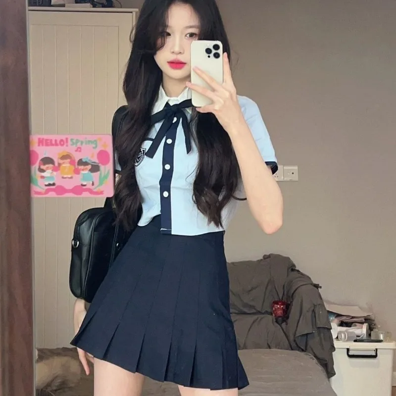 New Summer Womens Korean JK Uniform Academy Style Set Blue Shirt+Black Pleated Skirt Fashion Two Piece Set Women Dresses Vestido
New Summer Womens Korean JK Uniform Academy Style Set Blue Shirt+Black Pleated Skirt Fashion Two Piece Set Women Dresses Vestido