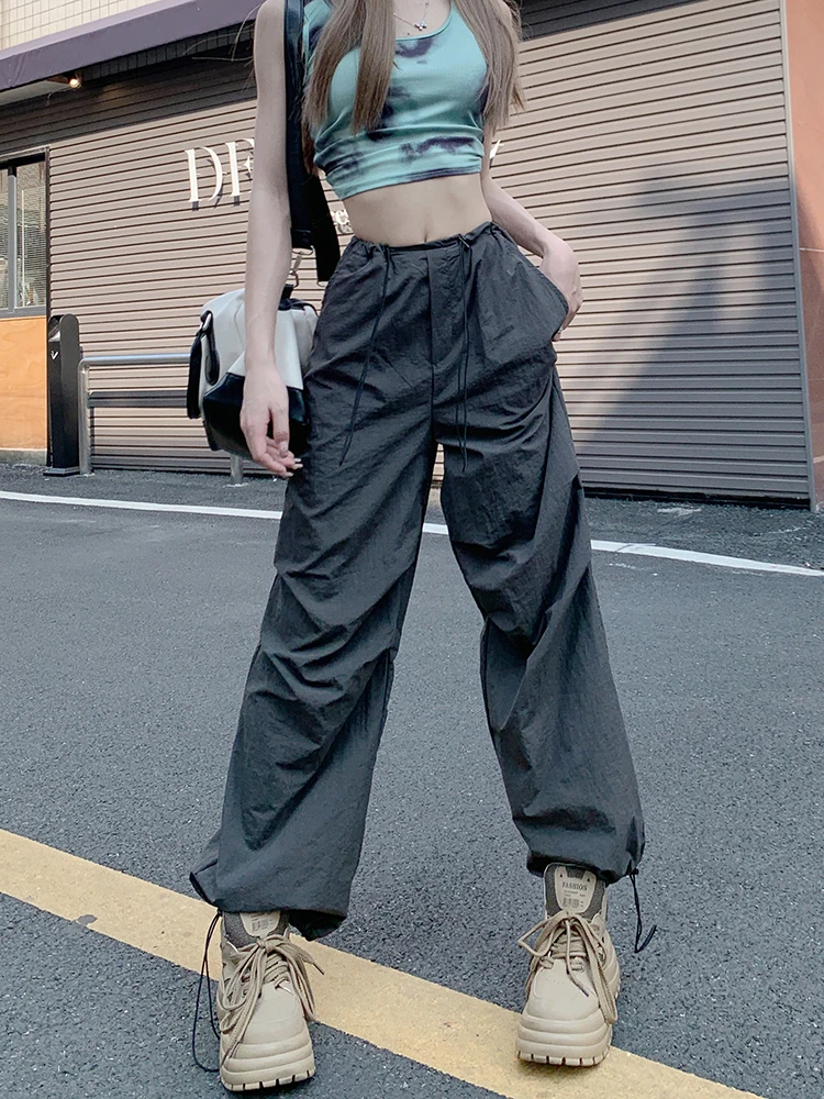 

Deeptown Hippie Streetwear Grey Cargo Parachute Pants Women Y2k Cyber Kpop Oversize Baggy Sweatpants Vintage Wide Leg Trousers