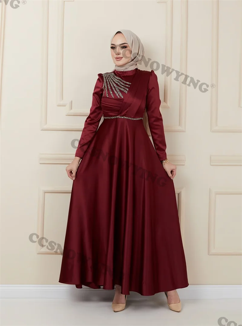 

Бордовое атласное платье-хиджаб с бисером, мусульманские Вечерние платья с длинным рукавом, мусульманское женское официальное платье, Арабский Дубай, марокканский кафтан
