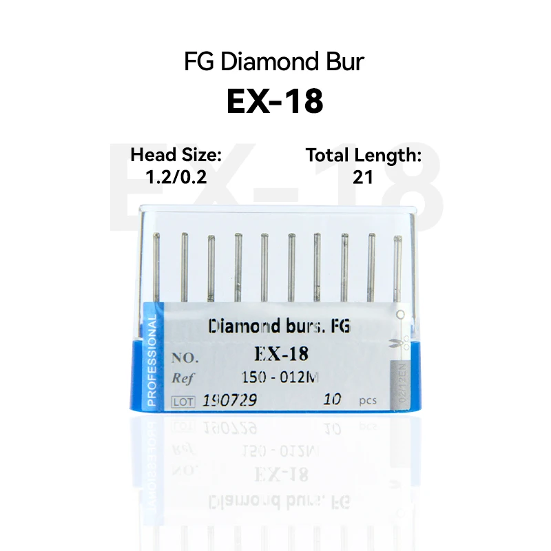 10pcs Dental Clinic Products EX-18 150-012M Diamond Bur FG High Speed 1.2/0.2 21.0mm Blue Medium Intra-oral Tools Material
10pcs Dental Clinic Products EX-18 150-012M Diamond Bur FG High Speed 1.2/0.2 21.0mm Blue Medium Intra-oral Tools Material