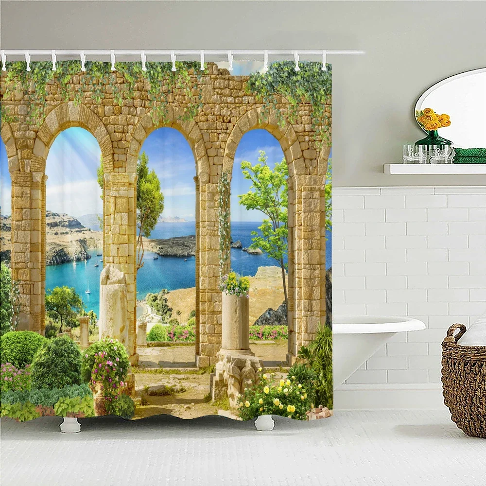 

3d Printed Greek Style Retro Roman Column Waterproof Bath Curtain Idyllic European House Scenery Decor Bathroom Shower Curtains