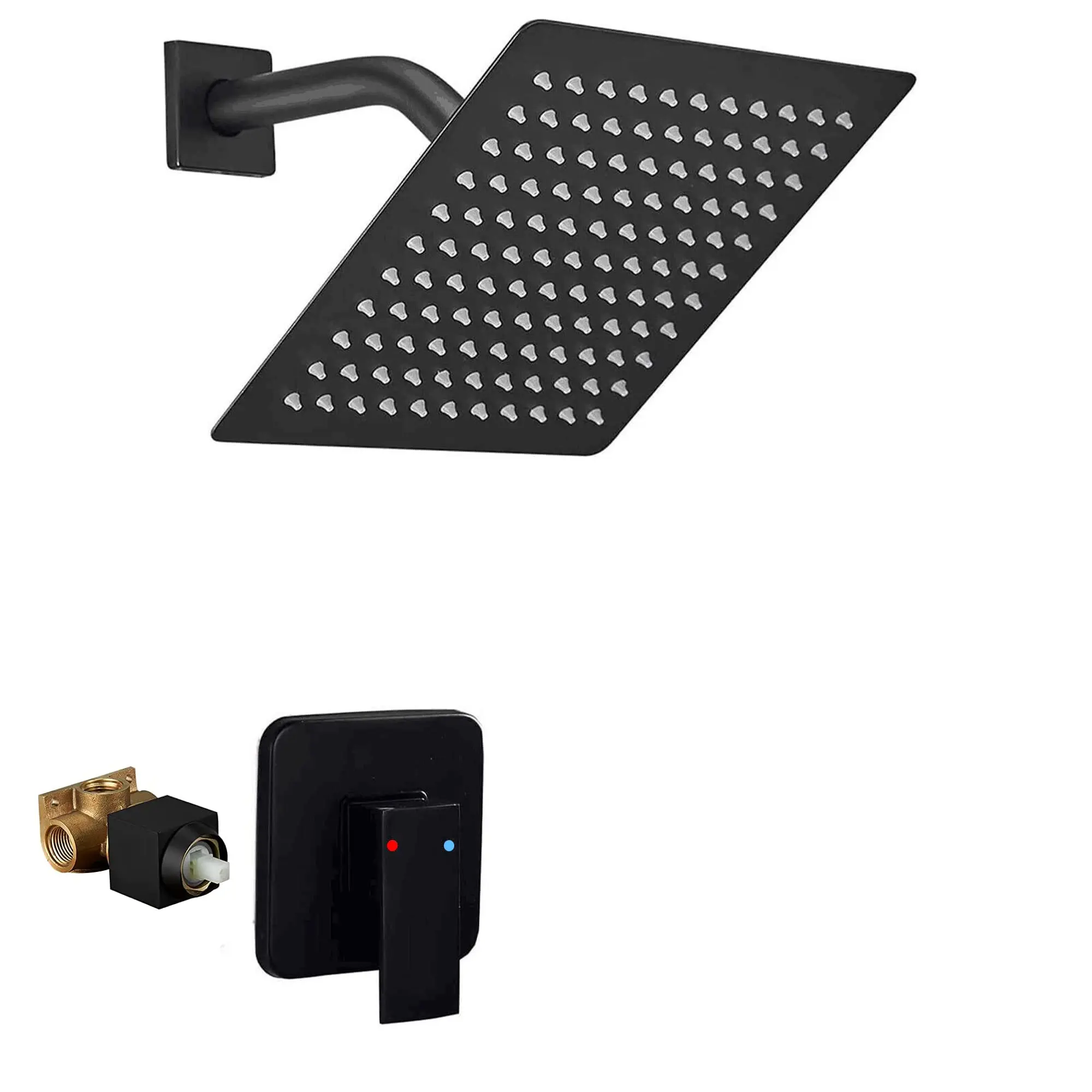 

Black Single Function Shower Faucet Trim Kit - Rainfall System with 8-inch Square Shower Head and Rough-in Valve