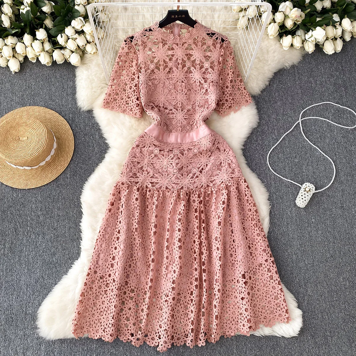 Midi Dress For Women 2023 Summer Clothes Short Sleeve Round Neck Openwork Lace Dress Elegant Party Formal Occasion Dresses
Midi Dress For Women 2023 Summer Clothes Short Sleeve Round Neck Openwork Lace Dress Elegant Party Formal Occasion Dresses