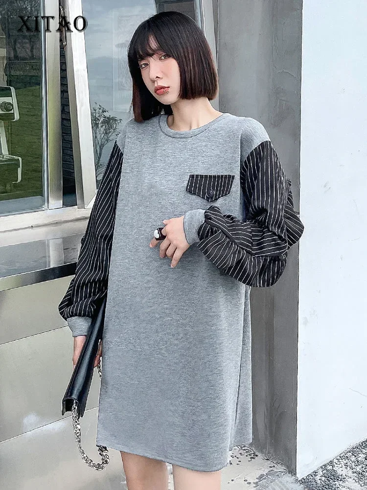 

Повседневное женское платье-свитер XITAO, весеннее Новое корейское лоскутное платье в полоску с круглым вырезом, свободное модное мини-платье в простоте, WMD3617