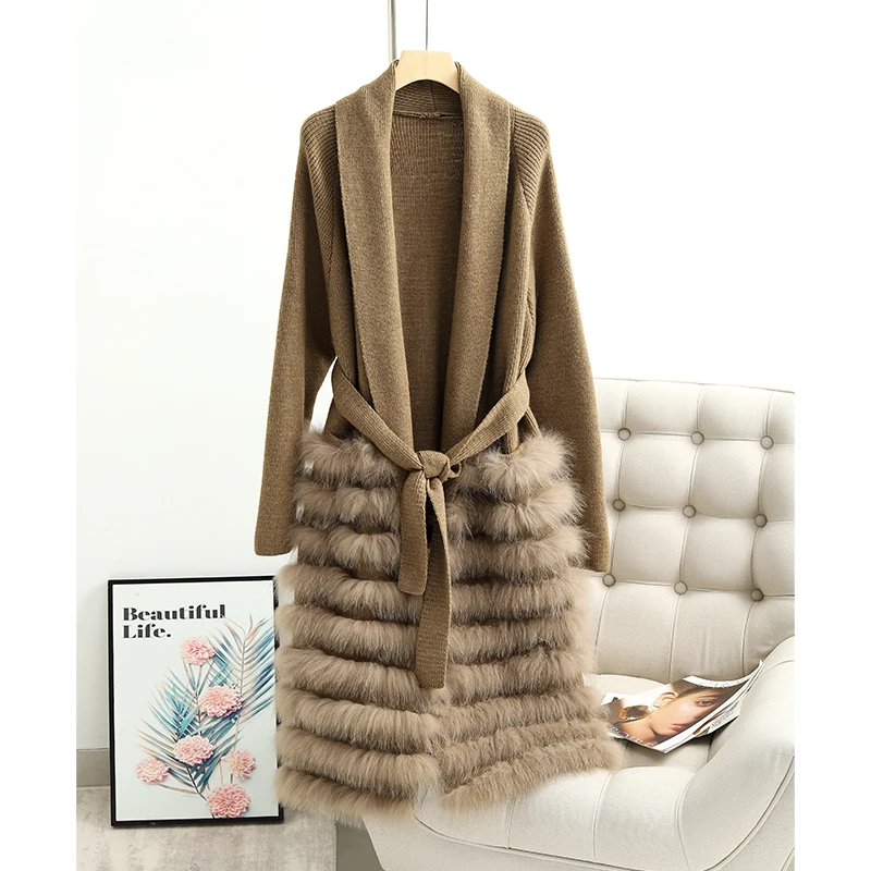 

2023 Women Real Fox Fur Knitting OverSize Loose Spring Fox Fur Strip Sewed Together Outside Decoration Lady's Long Sweater Coat