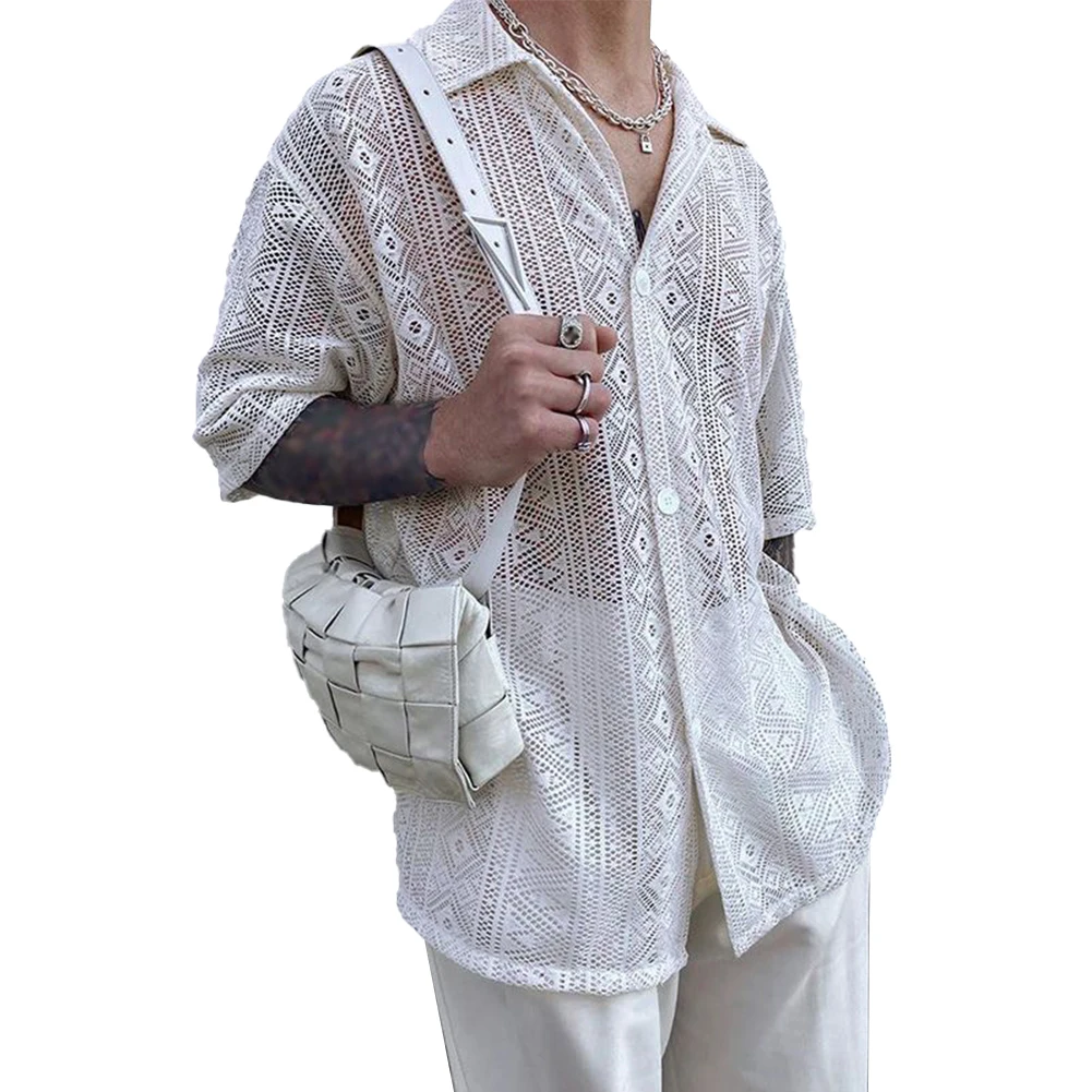 

Модная мужская прозрачная рубашка с рукавом средней длины, кружевной дизайн, Клубная одежда, привлекательные Прозрачные топы, идеально подходят для любого случая
