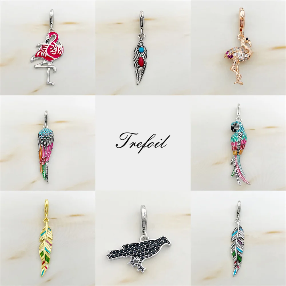 

Colorful Parrot Bird feather Charms Pendant Fit Bracelet Necklace Women Fine Jewelry 925 Sterling Silver Cute Bijoux For DIY