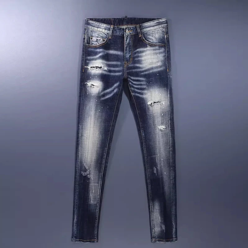 

High Street Fashion Men Jeans Retro Blue Stretch Slim Fit Vintage Ripped Jeans Men Painted Designer Hip Hop Brand Pants Hombre