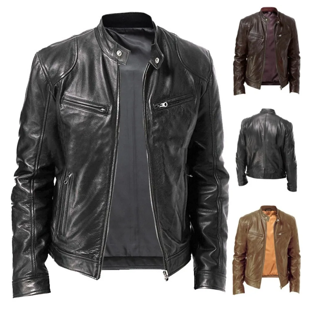 Men's Stand Collar Slim Leather Jacket Zip Pocket Decorative Leather Jacket
Men's Stand Collar Slim Leather Jacket Zip Pocket Decorative Leather Jacket