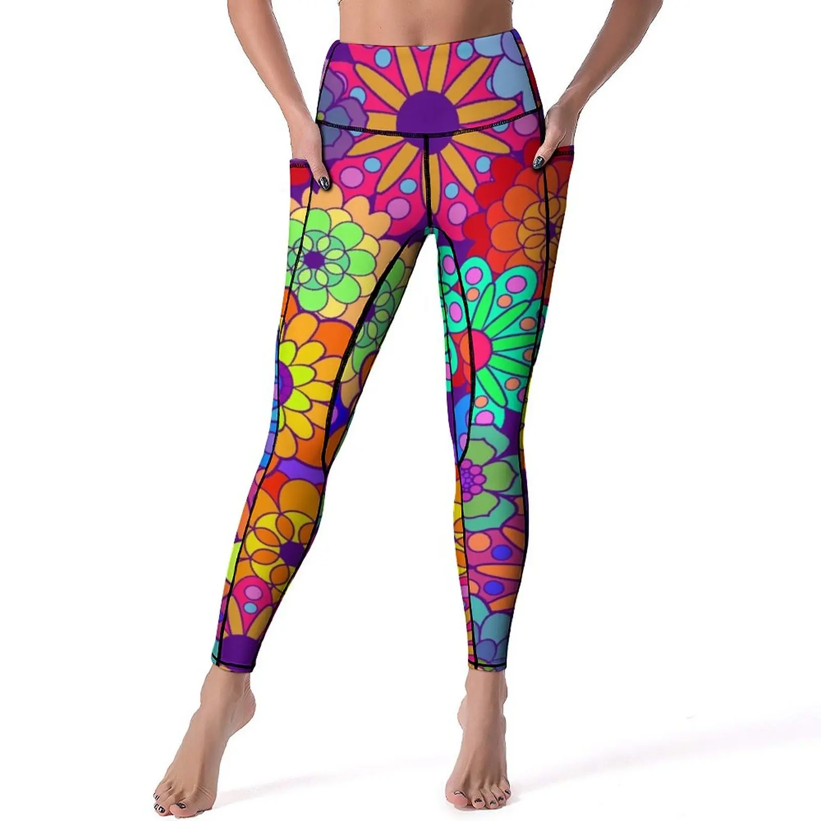 

Retro Hippy Flowers Leggings Sexy Flower Power Print Push Up Yoga Pants Fashion Elastic Leggins Lady Work Out Sports Tights