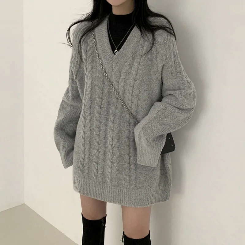 

Винтажное серое свободное короткое платье-свитер, женское осенне-зимнее шикарное вязаное платье с V-образным вырезом, уличная одежда, корейская мода, трикотажная одежда, 20234
