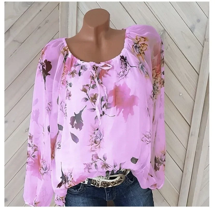 

Summer Floral Printed Elegant Fashion Woman Blouses Tops Patchwork Loose Drawstring One Line Collar Vacation Oversized Shirt