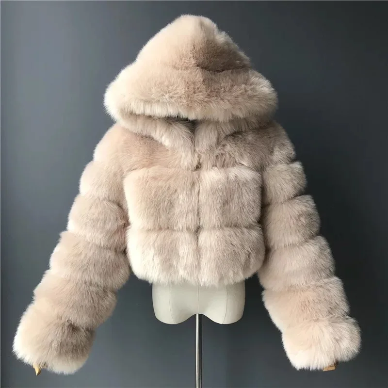 

High Quality Furry Cropped Faux Fur Coats and Jackets Women Fluffy Top Coat with Hooded Winter Fur Jacket manteau femme