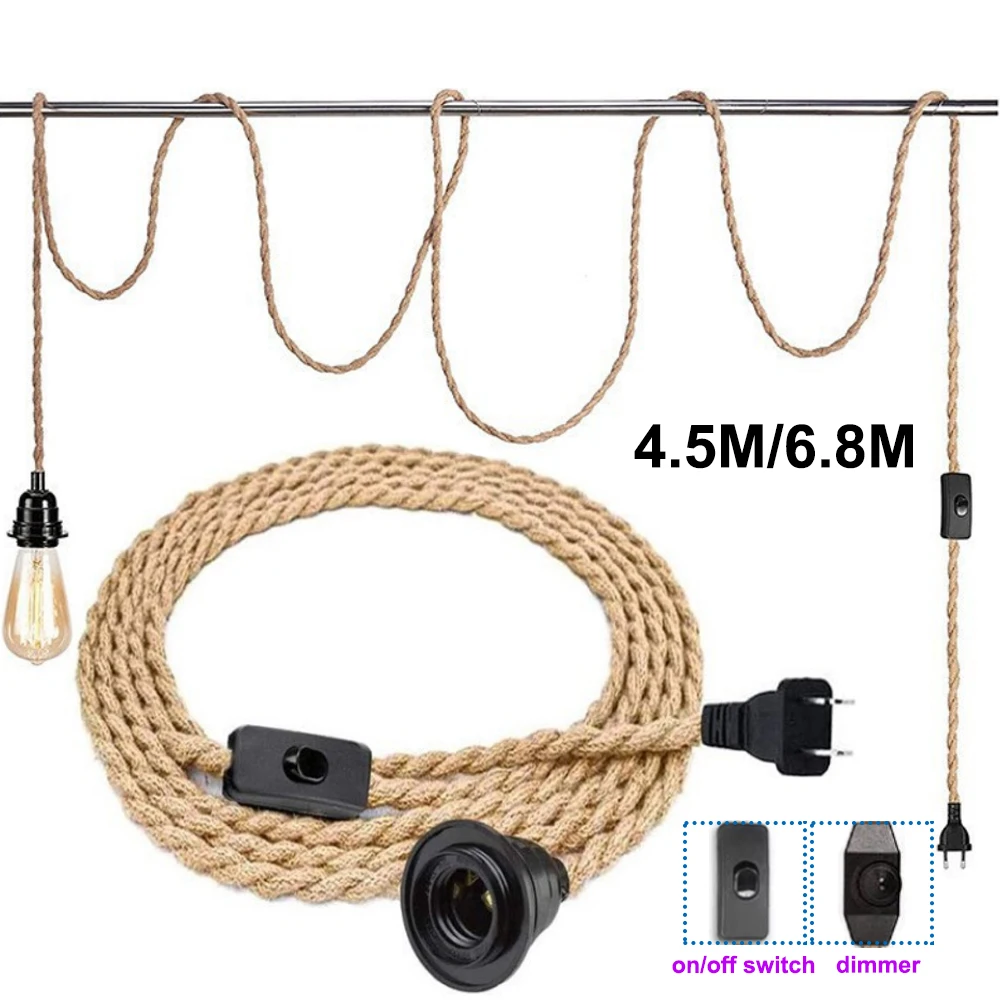 

Vintage Style Hemp Rope Pendant Light Power Cord 4.5M 6.8M EU/US Plug Switch E26 E27 Lamp Holder for Simple Hanging Lamp Decor