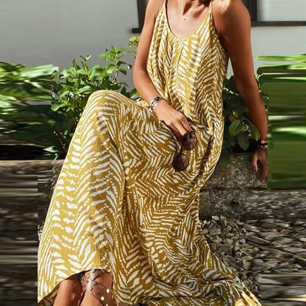 

Yellow Print Suspender Maxi Dress Sexy Elegant Striped Slip Bohemian Long Dresses 2022 Summer Beach Holiday Casual Clothing