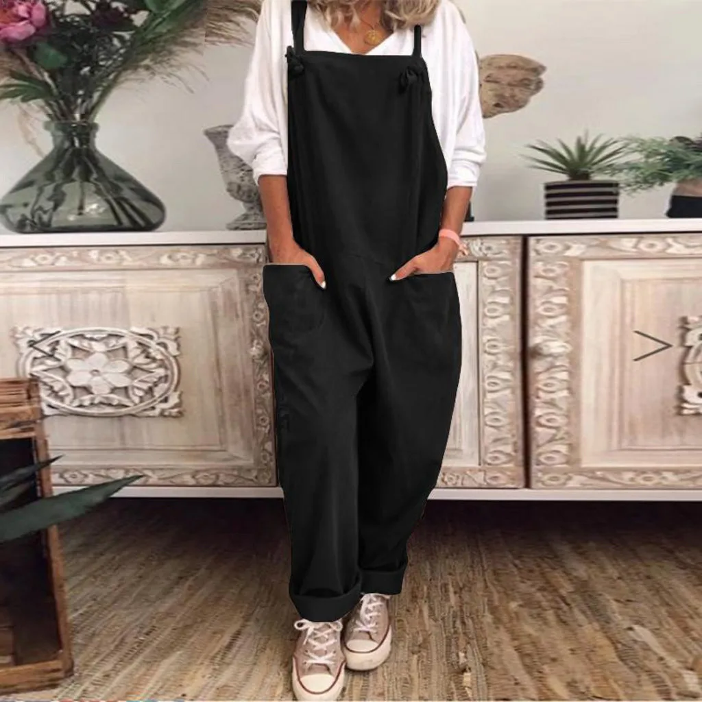

Plus Size Womens Solid Color Jumpsuit 2024 New Casual Loose Overalls Women's Romper Baggy Playsuit with Double Pockets Jumpsuit