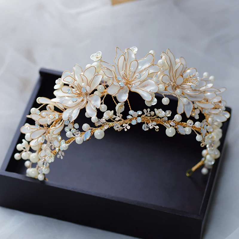 

Handmade Flower & Pearls Brides Leaves Tiaras Crowns Headbands Bridal Hairbands Wedding Hair Accessory Prom Head Wear