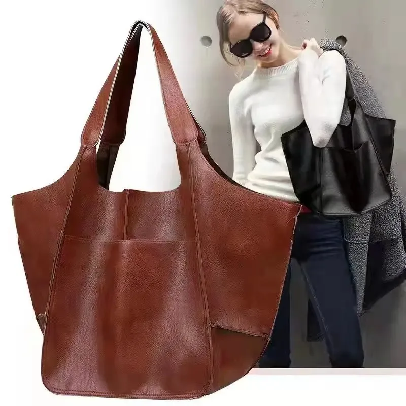 

Rretro PU Bag Handmade Soft Beach Tote Bags High-Capacity Shoulder Solid Color Multifunction Handbags Ladies Shopper Purses Tote